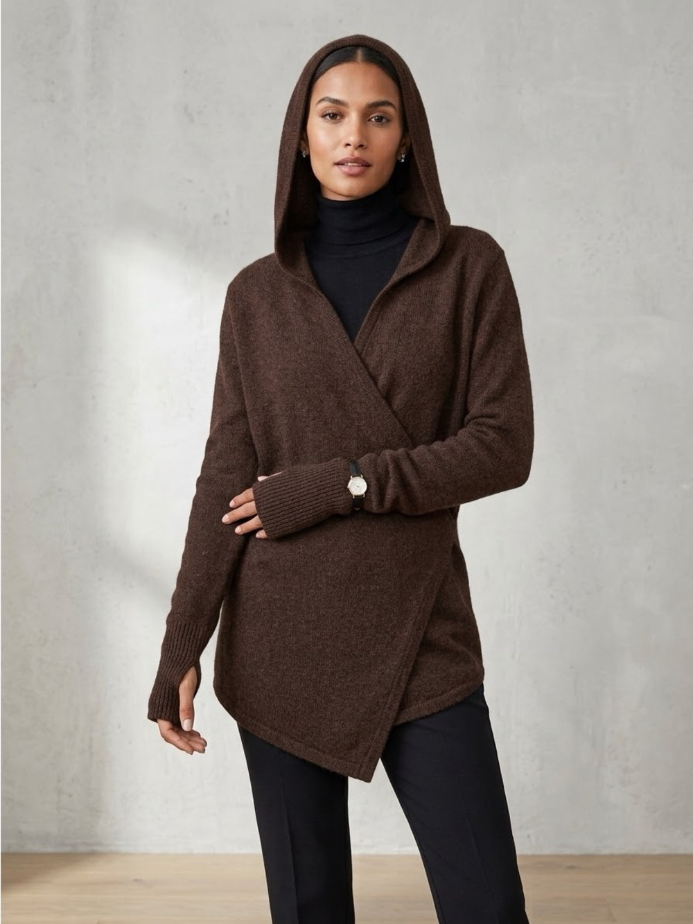 2. Betabrand Hooded Wrap Cardigan Sweater Brown Wool Blend Size L/XL NWT